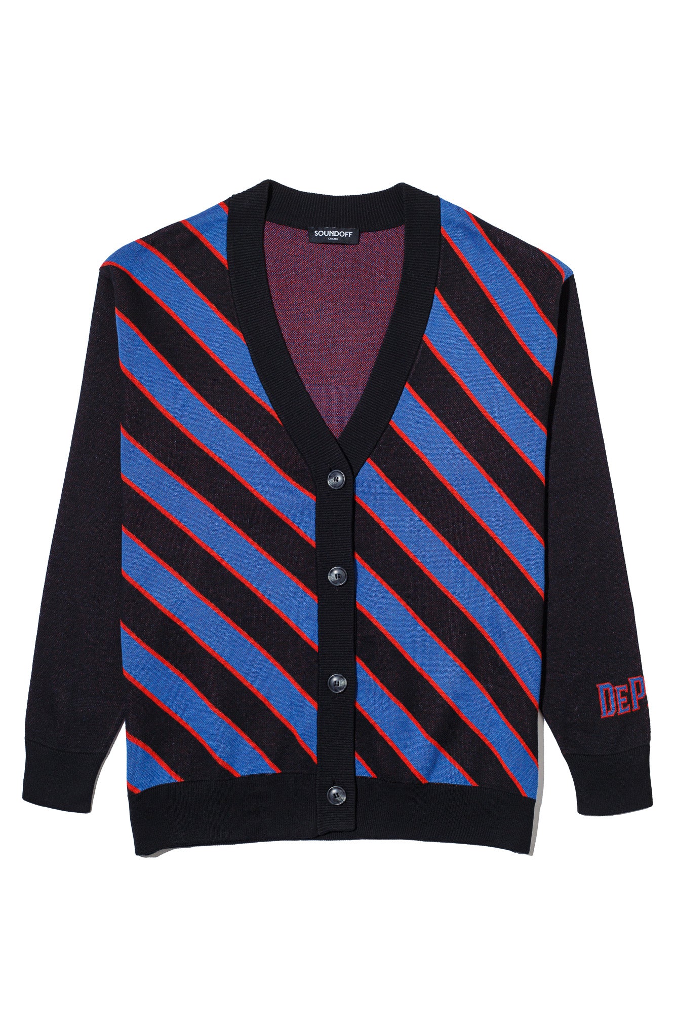 depaul university repp stripe cardigan knit sweater in yale blue chili red and black inspired by collegiate sports and varsity tradition by soundoff – front view