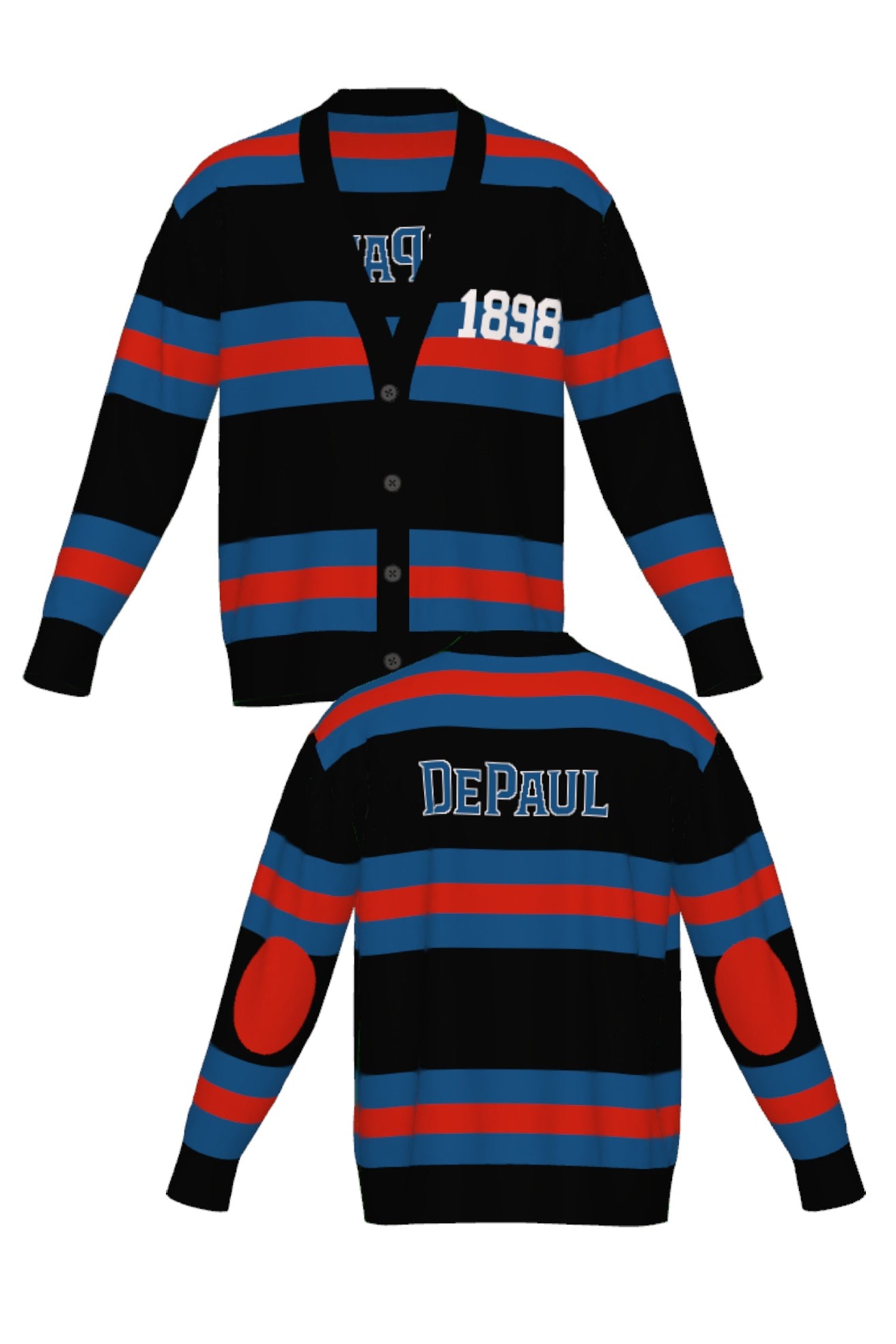 DePaul University Rugby Stripe Cardigan Knit Sweater front and back view with Yale Blue and Chili Red rugby stripes inspired by collegiate sports and varsity heritage.