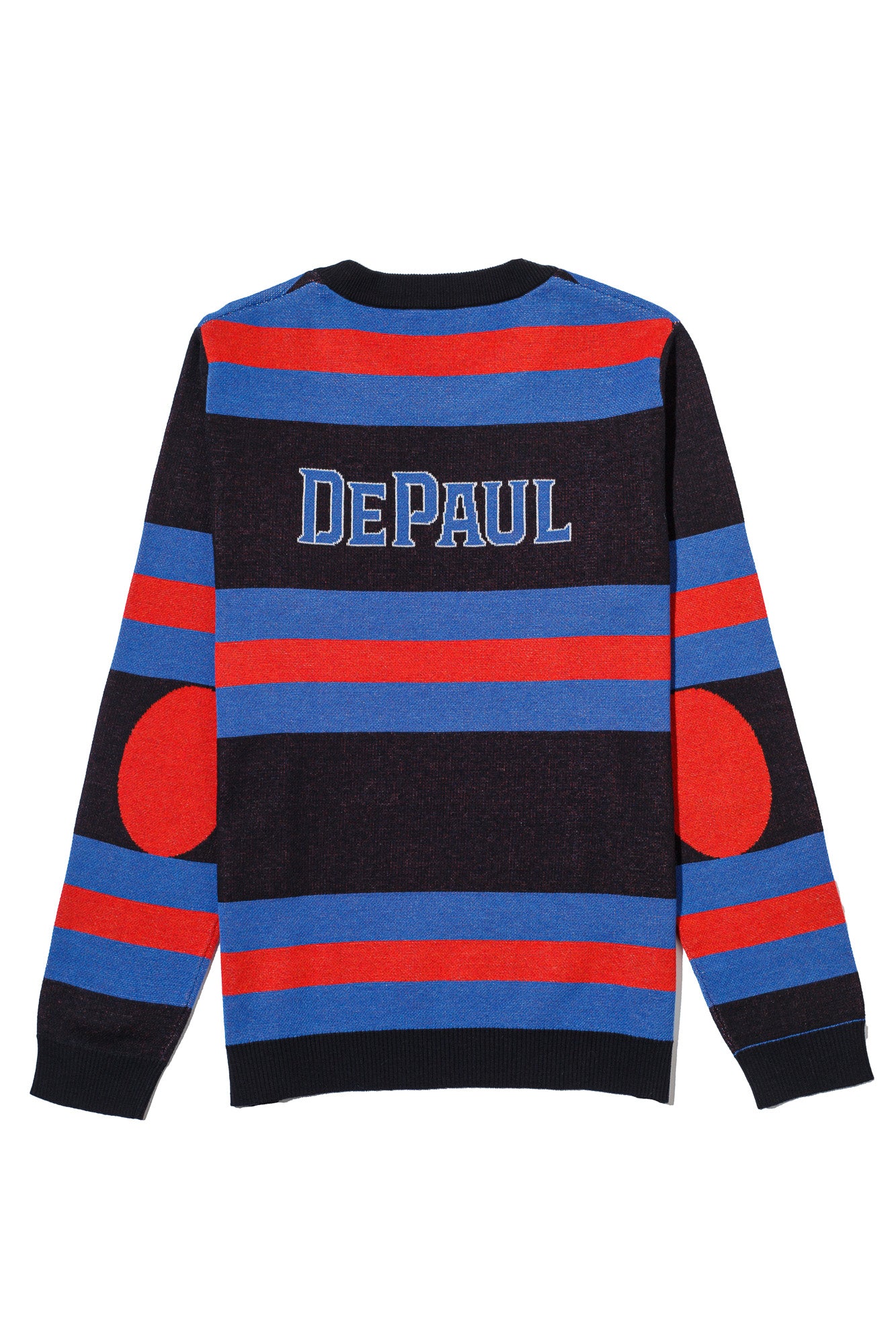 DePaul University Rugby Stripe Classic Crew Neck Knit Sweater back view with Yale Blue and Chili Red rugby stripes inspired by collegiate sports and varsity heritage.