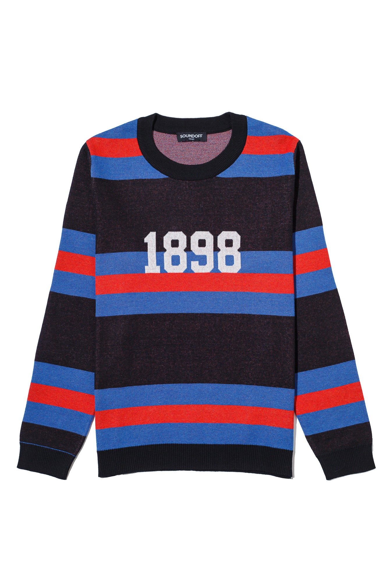 DePaul University Rugby Stripe Classic Crew Neck Knit Sweater front view with Yale Blue and Chili Red rugby stripes inspired by collegiate sports and varsity heritage.