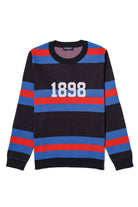 DePaul University Rugby Stripe Classic Crew Neck Knit Sweater front view with Yale Blue and Chili Red rugby stripes inspired by collegiate sports and varsity heritage.