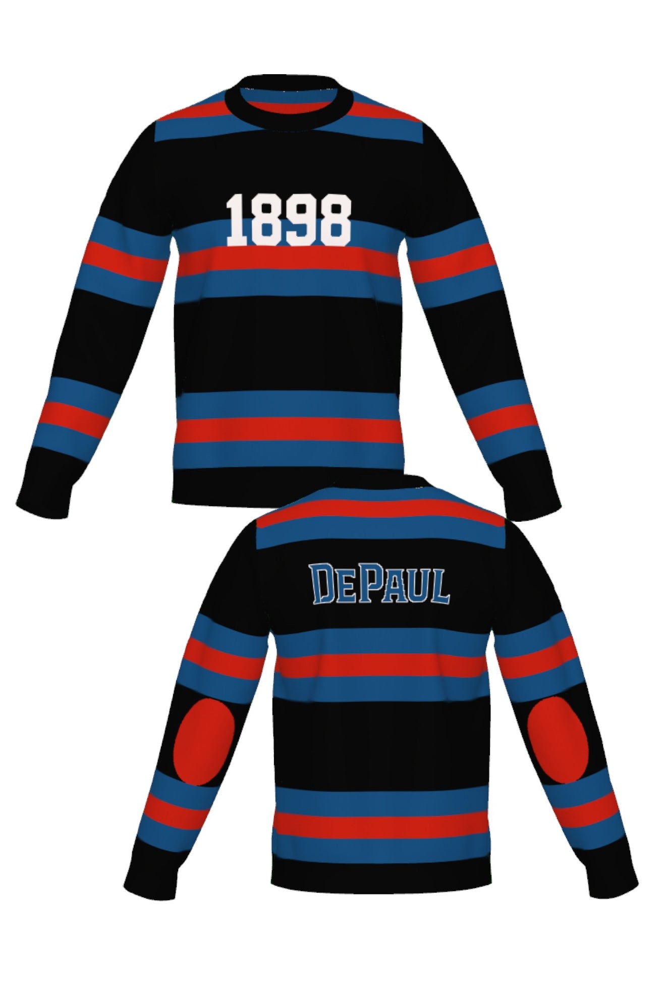 DePaul University Rugby Stripe Classic Crew Neck Knit Sweater front and back view with Yale Blue and Chili Red rugby stripes inspired by collegiate sports and varsity heritage.