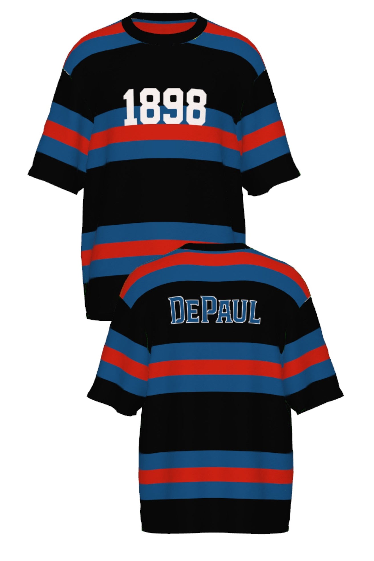 DePaul University Rugby Stripe Short Sleeve Knit Sweater front and back view with Yale Blue and Chili Red rugby stripes inspired by collegiate sports and varsity heritage.