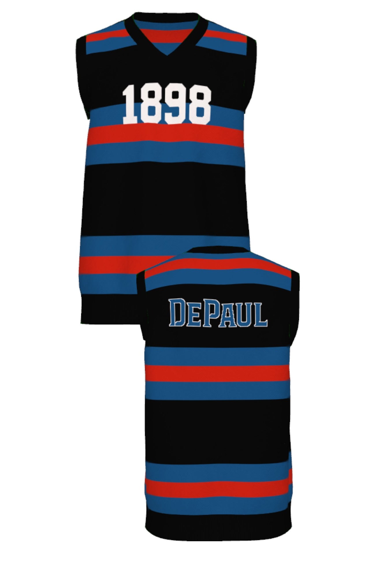 DePaul University Rugby Stripe V Neck Vest Knit Sweater front and back view with Yale Blue and Chili Red rugby stripes inspired by collegiate sports and varsity heritage.