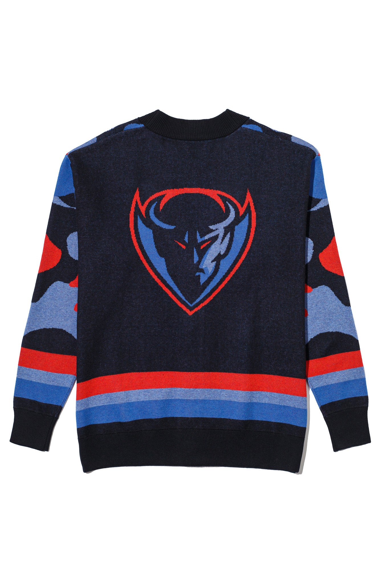 DePaul University Banded Camo Knit Cardigan Sweater – Blue Demons by You, back view in Blue Demon blue and red camouflage pattern.