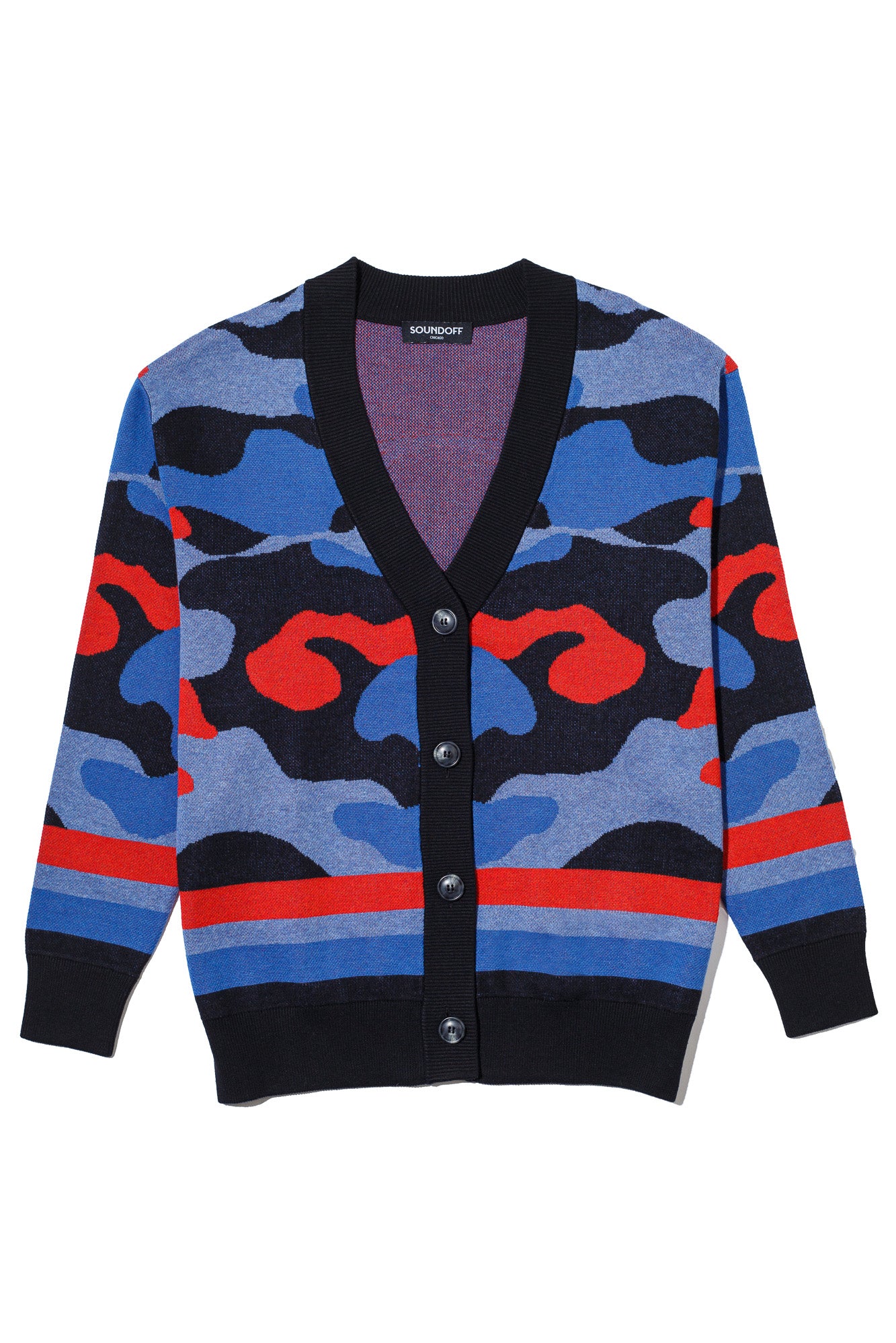 DePaul University Banded Camo Knit Cardigan Sweater – Blue Demons by You, front view in Blue Demon blue and red camouflage pattern.