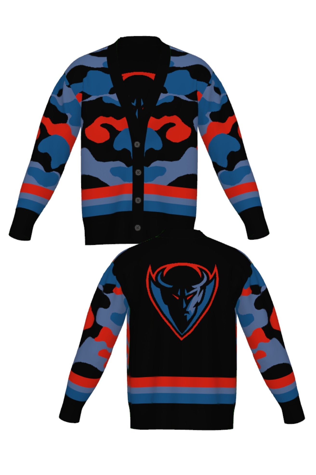 DePaul University Banded Camo Knit Cardigan Sweater – Blue Demons by You, front and back view in Blue Demon blue and red camouflage pattern.