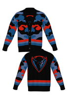 DePaul University Banded Camo Knit Cardigan Sweater – Blue Demons by You, front and back view in Blue Demon blue and red camouflage pattern.