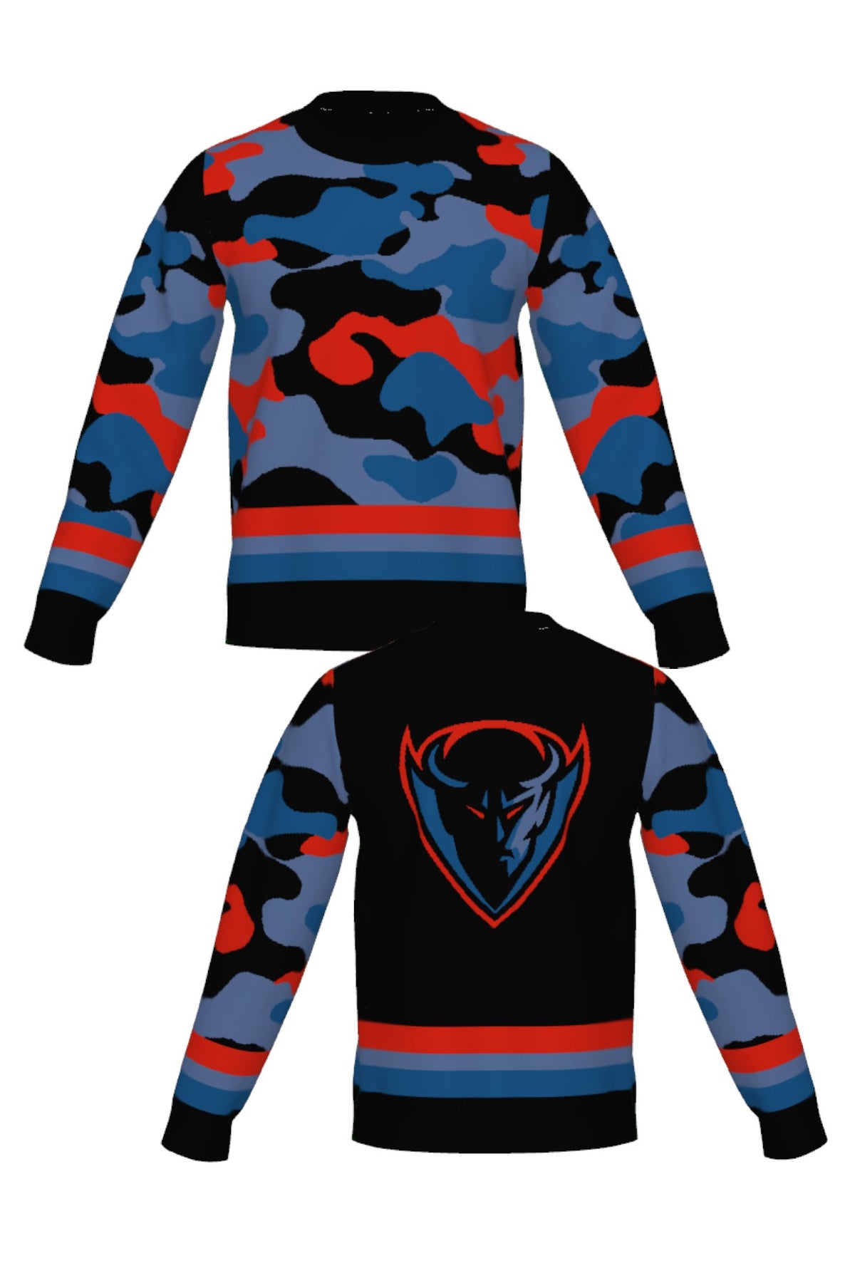 DePaul University Banded Camo Knit Crew Neck Sweater – Blue Demons by You, front and back view in Blue Demon blue and red camouflage pattern by SOUNDOFF - front