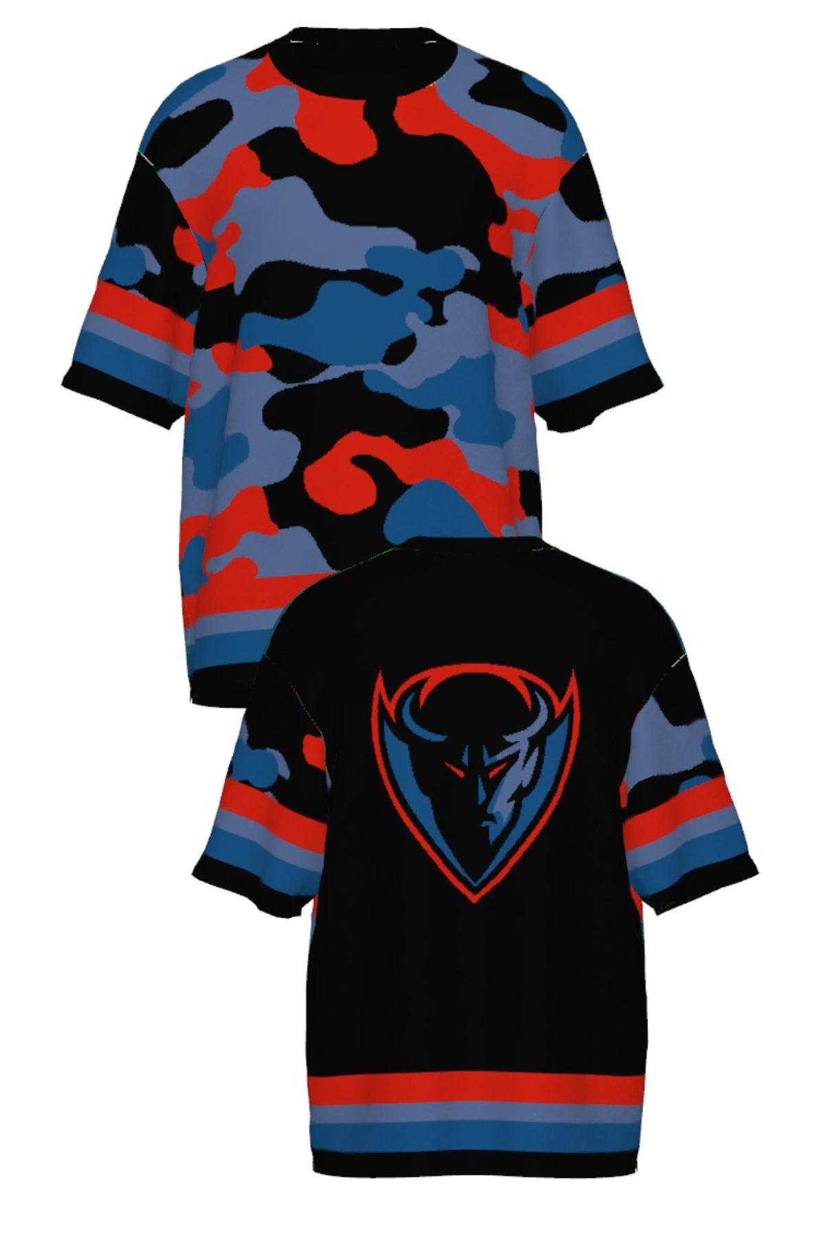 DePaul University Banded Camo Knit Short Sleeve Sweater – Blue Demons by You, front and back view in Blue Demon blue and red camouflage pattern by SOUNDOFF - front and back