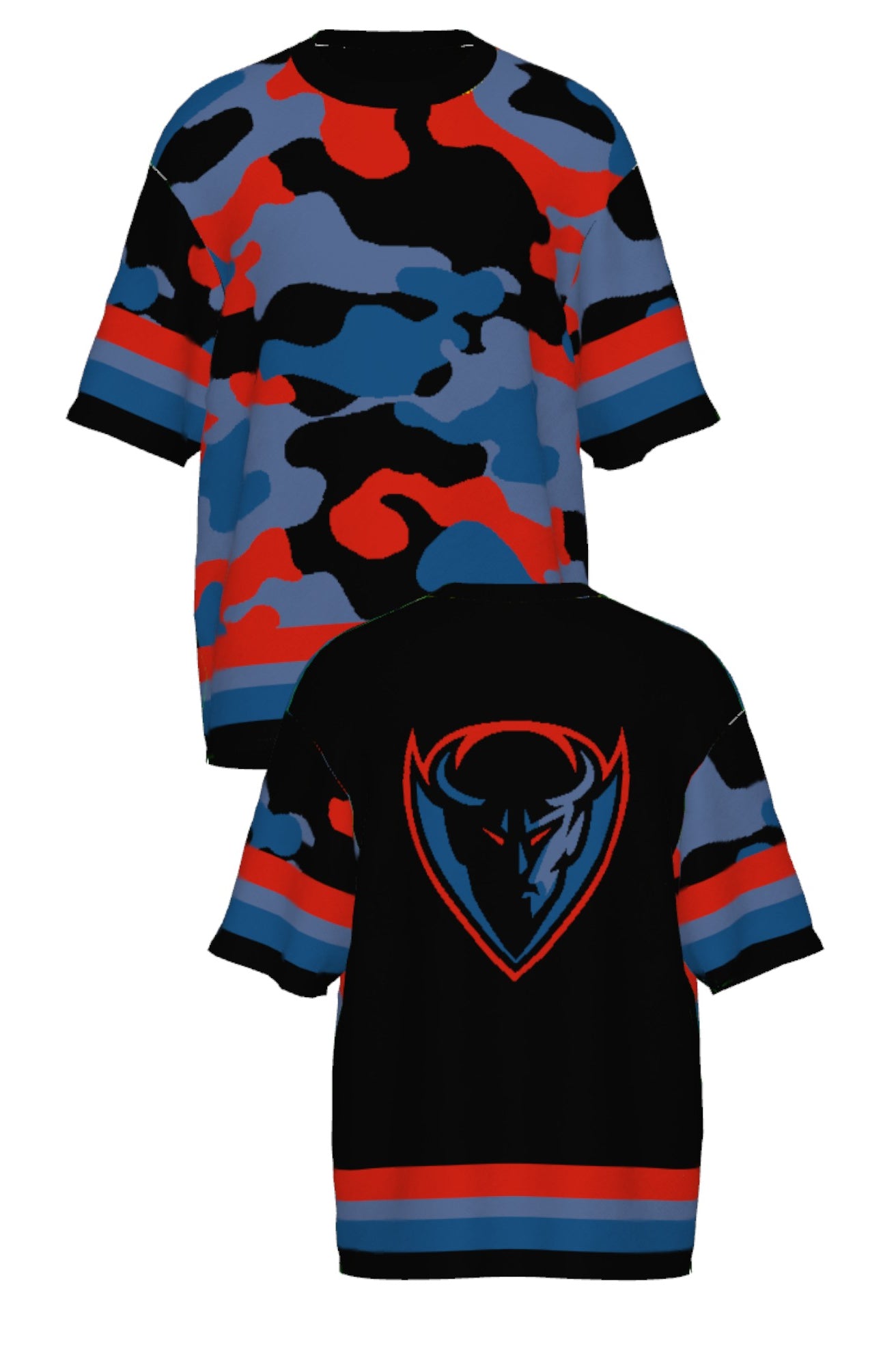 DePaul University Banded Camo Knit Short Sleeve Sweater – Blue Demons by You, front and back view in Blue Demon blue and red camouflage pattern.