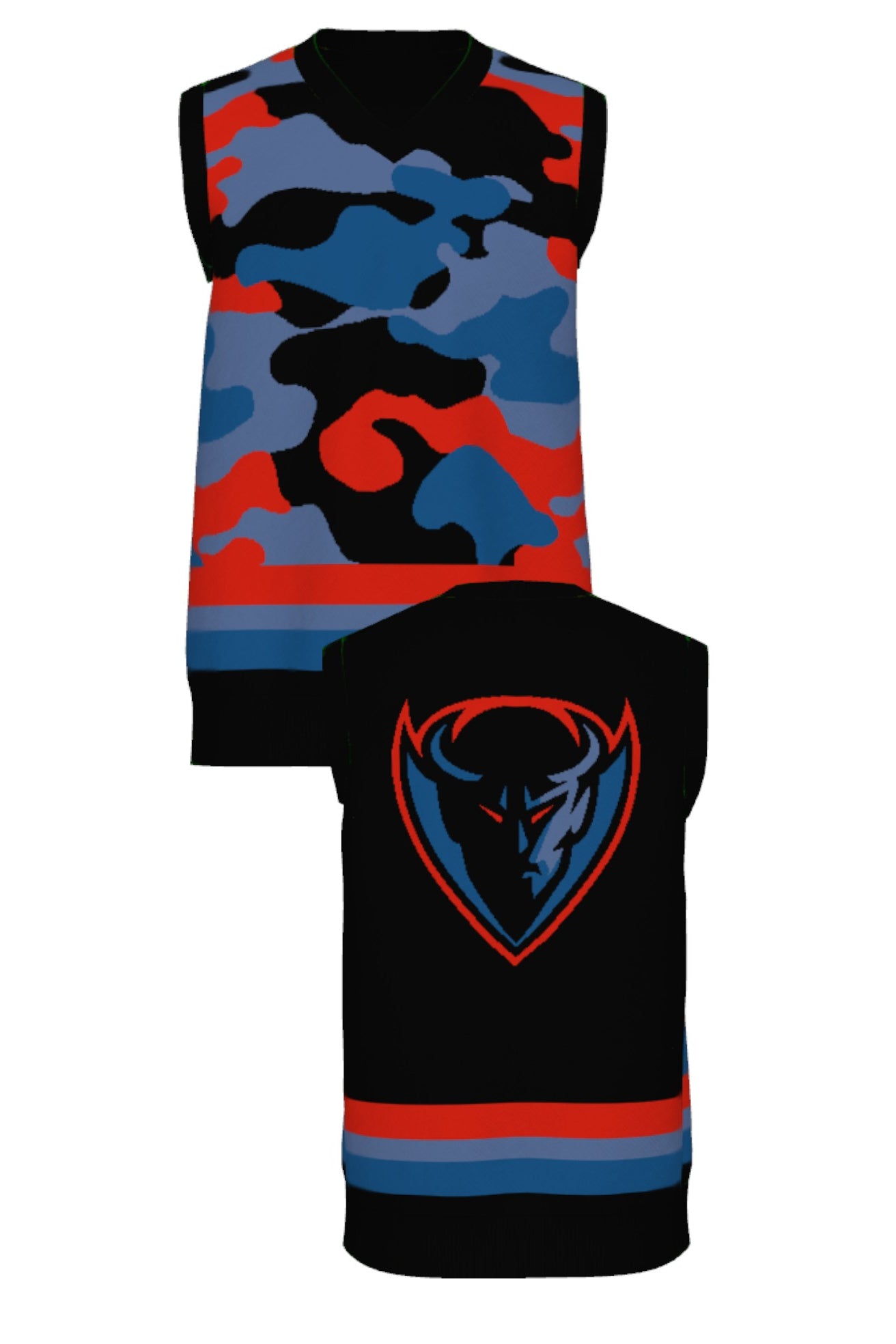DePaul University Banded Camo Knit V Neck Vest Sweater – Blue Demons by You, front and back view in Blue Demon blue and red camouflage pattern.