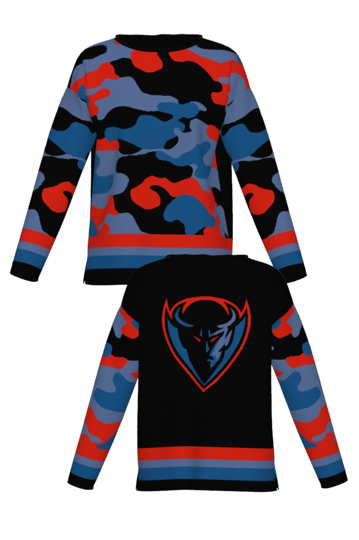 DePaul University Banded Camo Knit Women's Sweater – Blue Demons by You, front and back view in Blue Demon blue and red camouflage pattern by SOUNDOFF - front and back