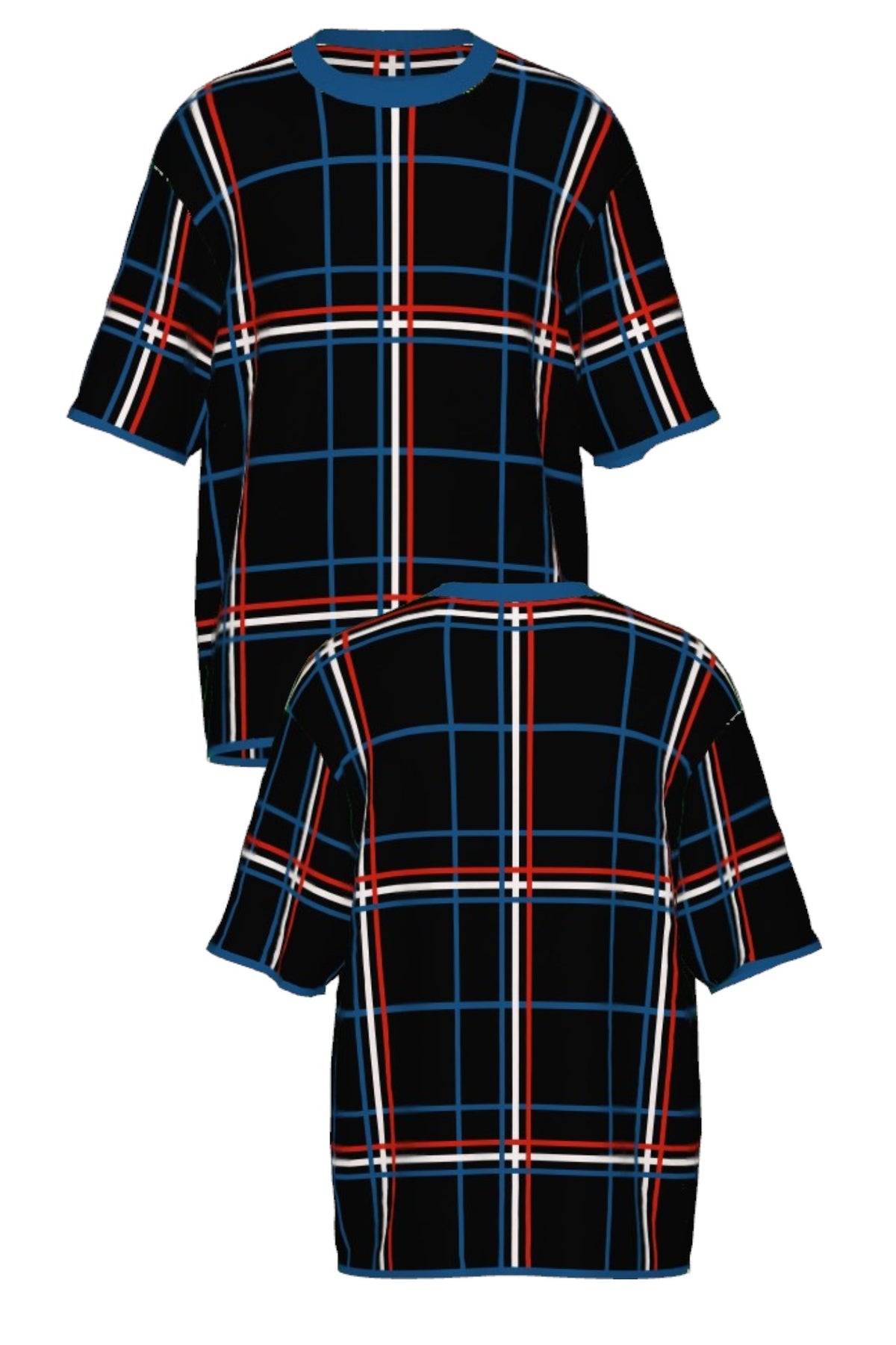 DePaul University Plaid Knit Sweater short sleeve in Black with Yale Blue, Chili Red and White plaid by SOUNDOFF - front and back