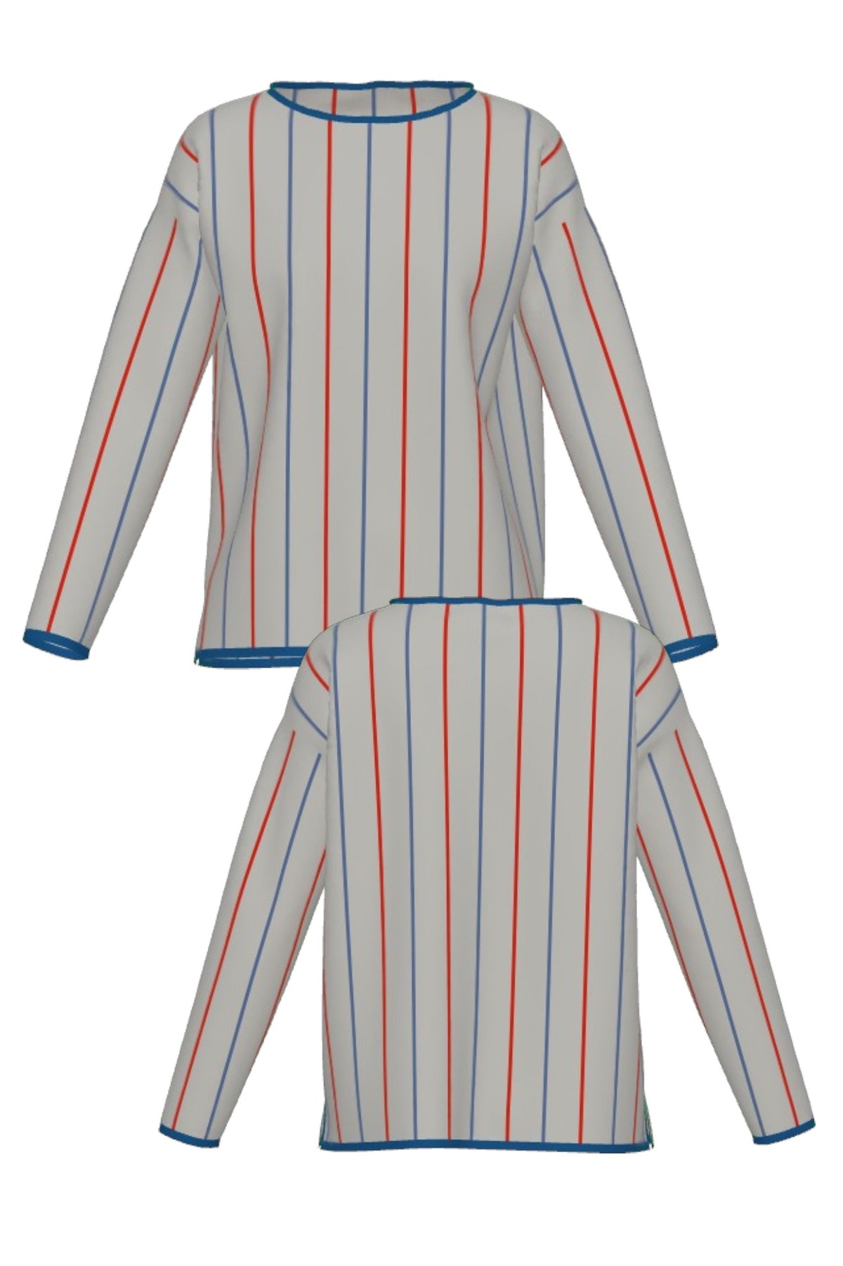 DePaul University Heritage Pinstripe Knit Sweater women's in Light Grey with Denim Blue and Chili Red pinstripes by SOUNDOFF - front