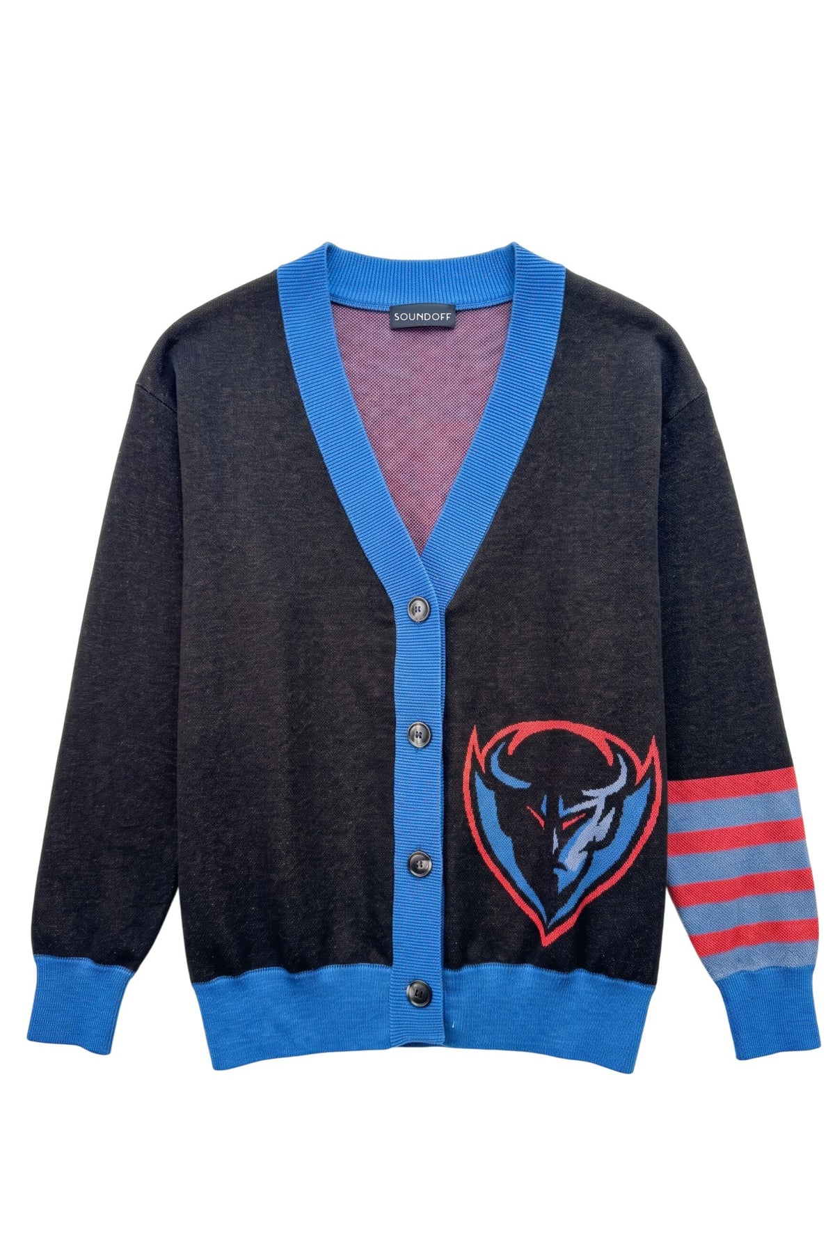DePaul University Letterman Band Knit Sweater cardigan in Black with knitted DIBS graphic and colorful sleeve bands by SOUNDOFF - front