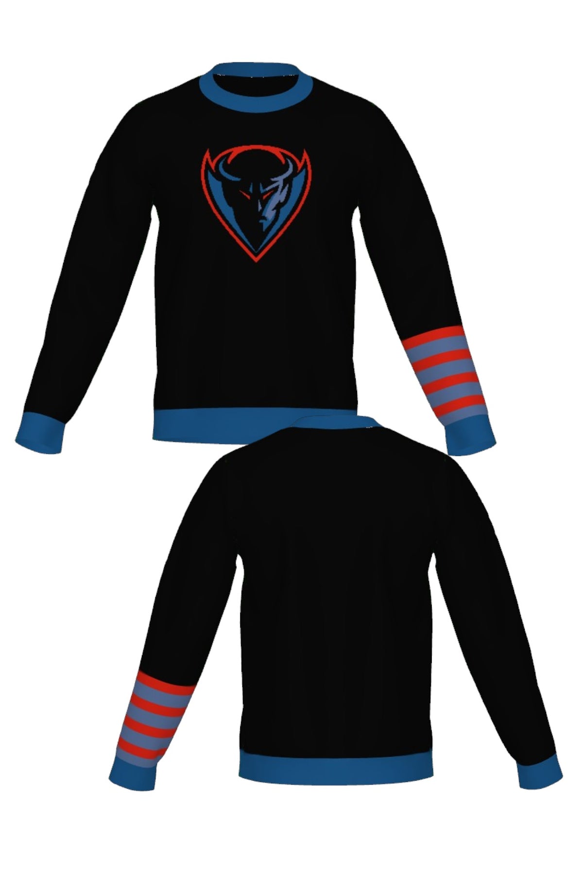 DePaul University Letterman Band Knit Sweater crew neck in Black with knitted DIBS graphic and colorful sleeve bands by SOUNDOFF - front and back