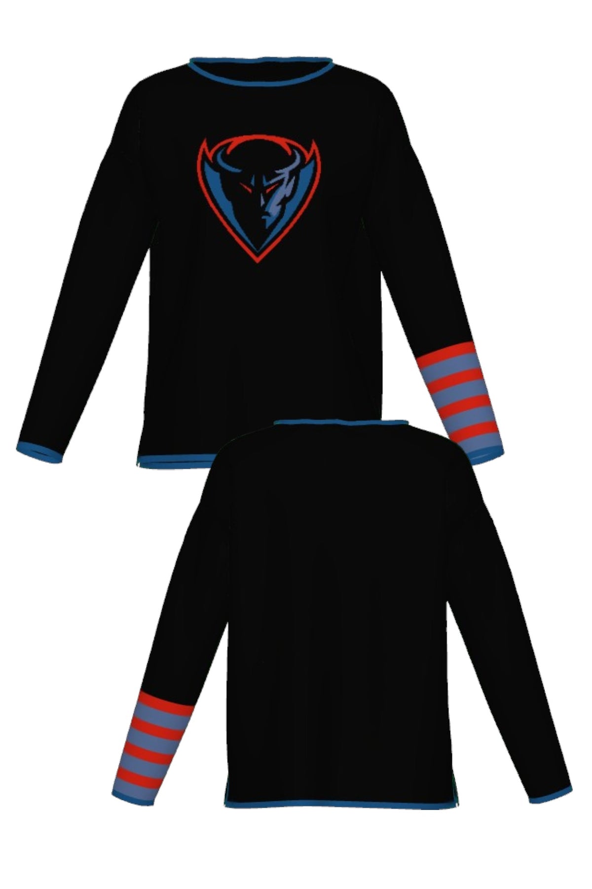 DePaul University Letterman Band Knit Sweater women's in Black with knitted DIBS graphic and colorful sleeve bands by SOUNDOFF - front and back