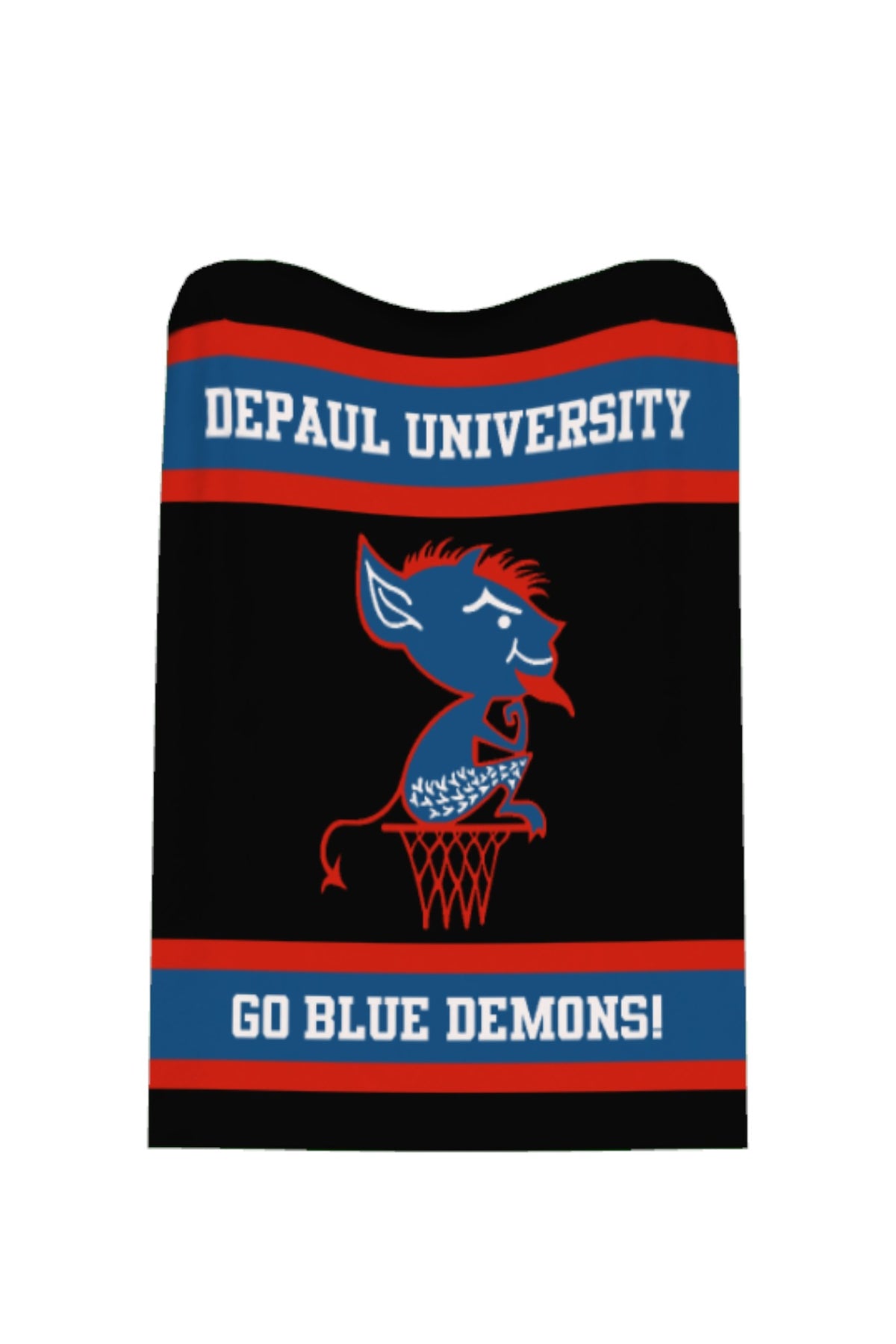 DePaul University varsity knit throw blanket in black, yale blue, red, and white with Billy Blue Demon mascot by SOUNDOFF - front