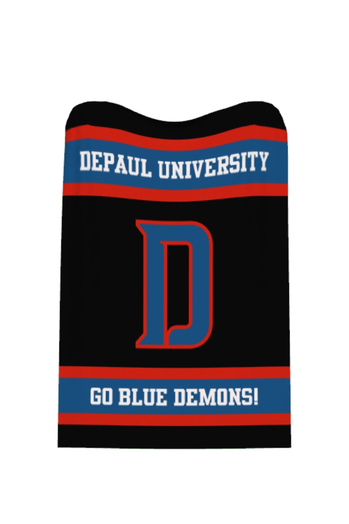 DePaul University varsity knit throw blanket in black, yale blue, red, and white with DePaul D graphic logo by SOUNDOFF - front