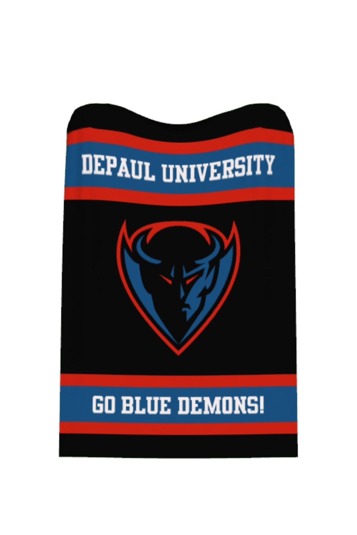 DePaul University varsity knit throw blanket in black, yale blue, red, and white with DIBS mascot by SOUNDOFF - front