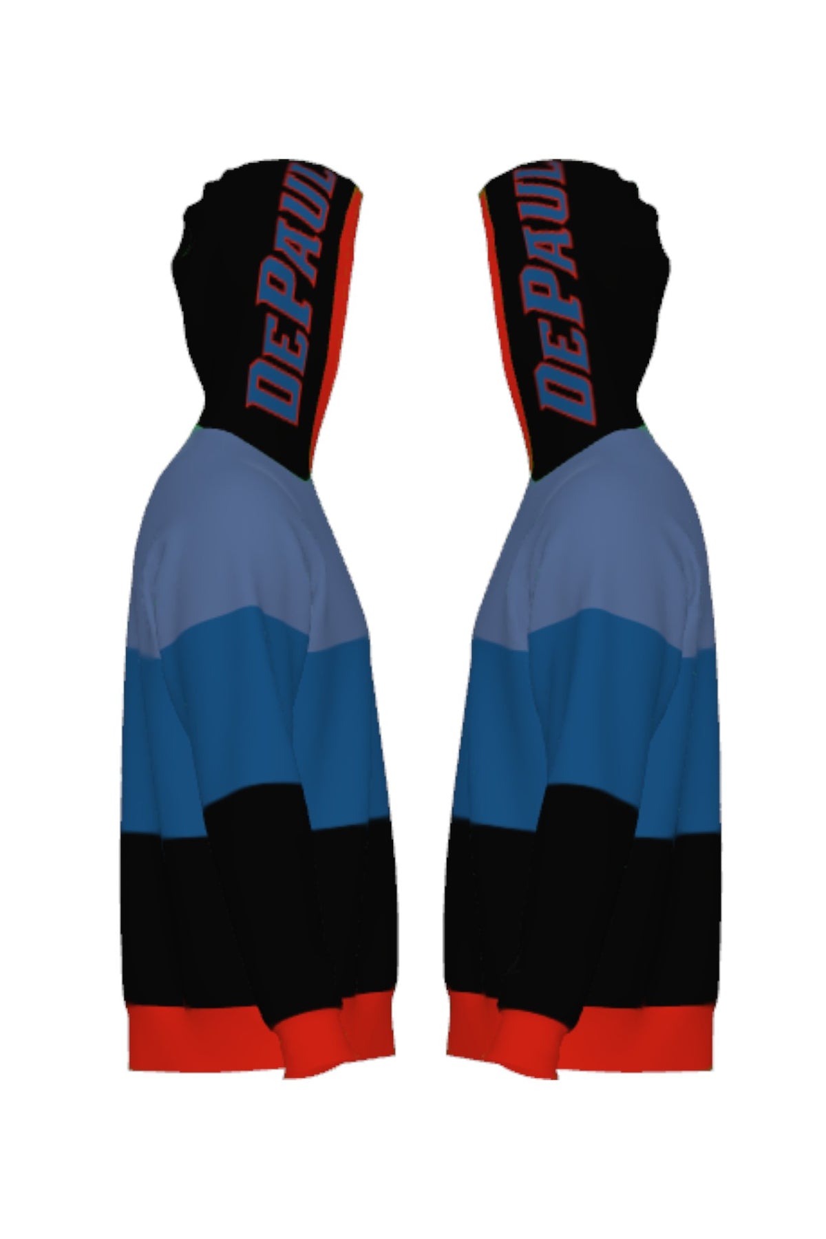 DePaul Varsity Tri Stripe Hooded Knit Sweater with script DePaul graphic in Denim Blue with red outline and DIBs blue demon crest patch by SOUNDOFF - side
