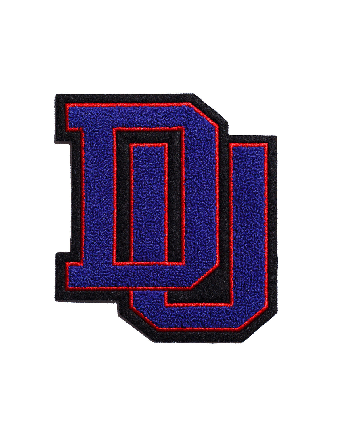 DePaul University DU embroidered patch – premium iron-on patch featuring DePaul’s DU in red, blue, and black, 5.4 inches wide by 6.0 inches tall by SOUNDOFF - front
