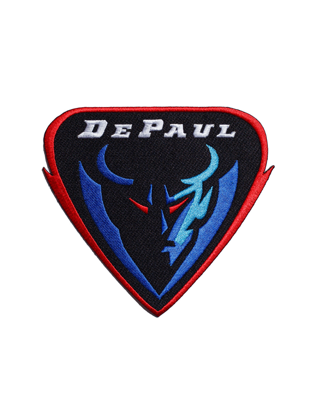 DePaul University DIBS Blue Demons varsity embroidered patch – premium iron-on patch in red, blue, and black featuring the official DePaul mascot, 5.6 inches wide by 6.2 inches tall by SOUNDOFF - front