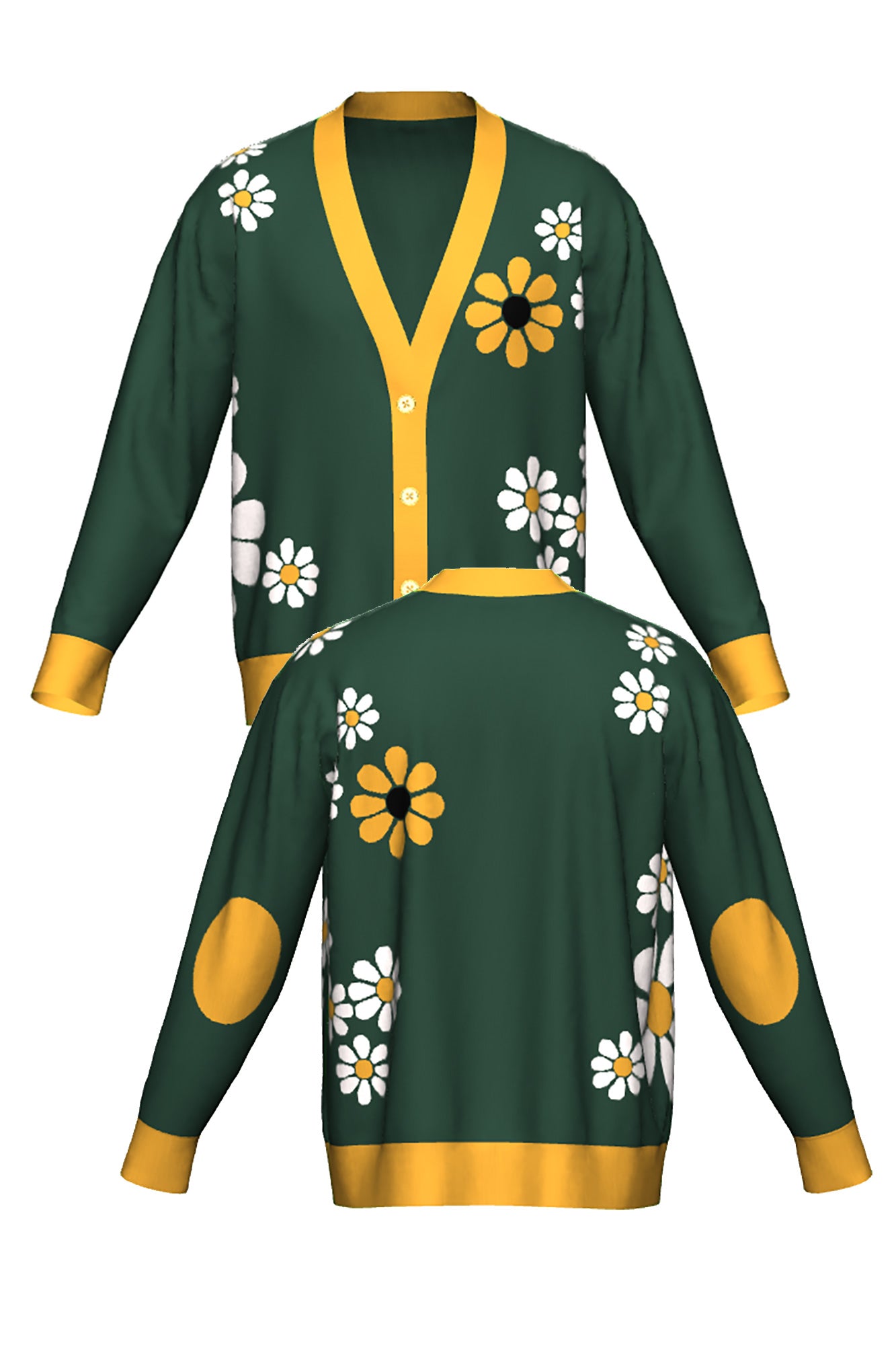 field of daisies cardigan knit sweater in pine green with yellow daisy pattern front and back view by soundoff