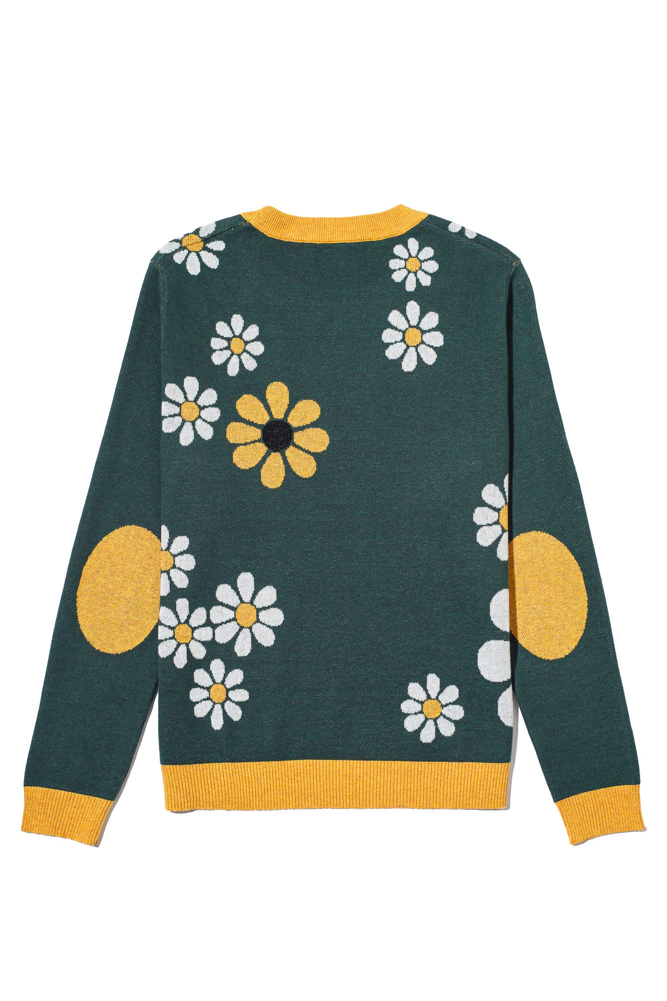 field of daisies classic crew neck knit sweater in pine green with yellow daisy pattern back view by soundoff