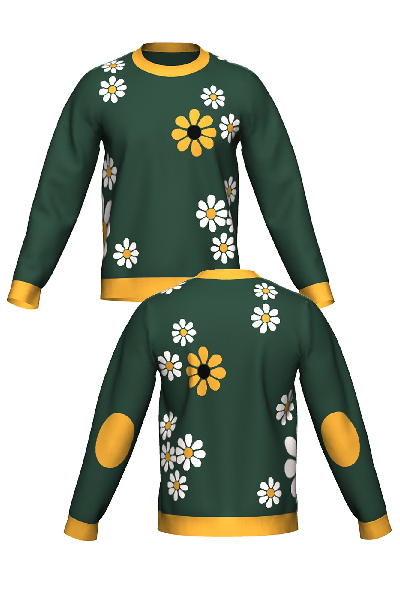 field of daisies classic crew neck knit sweater in pine green with yellow daisy pattern front and back view by soundoff