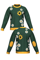 field of daisies classic crew neck knit sweater in pine green with yellow daisy pattern front and back view by soundoff