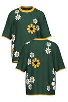 field of daisies short sleeve knit sweater in pine green with yellow daisy pattern front and back view by soundoff