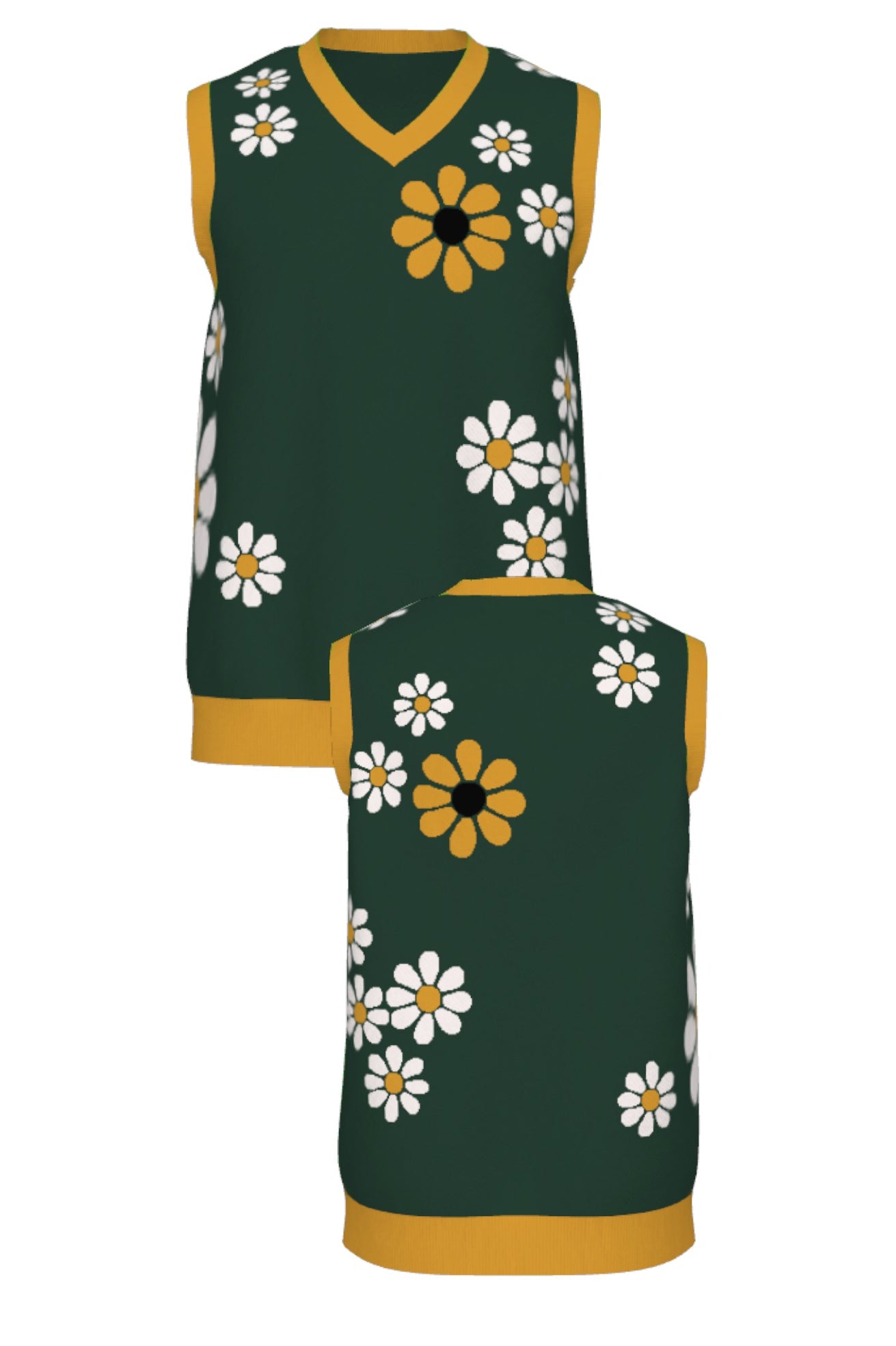 field of daisies classic v neck vest knit sweater in pine green with yellow daisy pattern front and back view by soundoff
