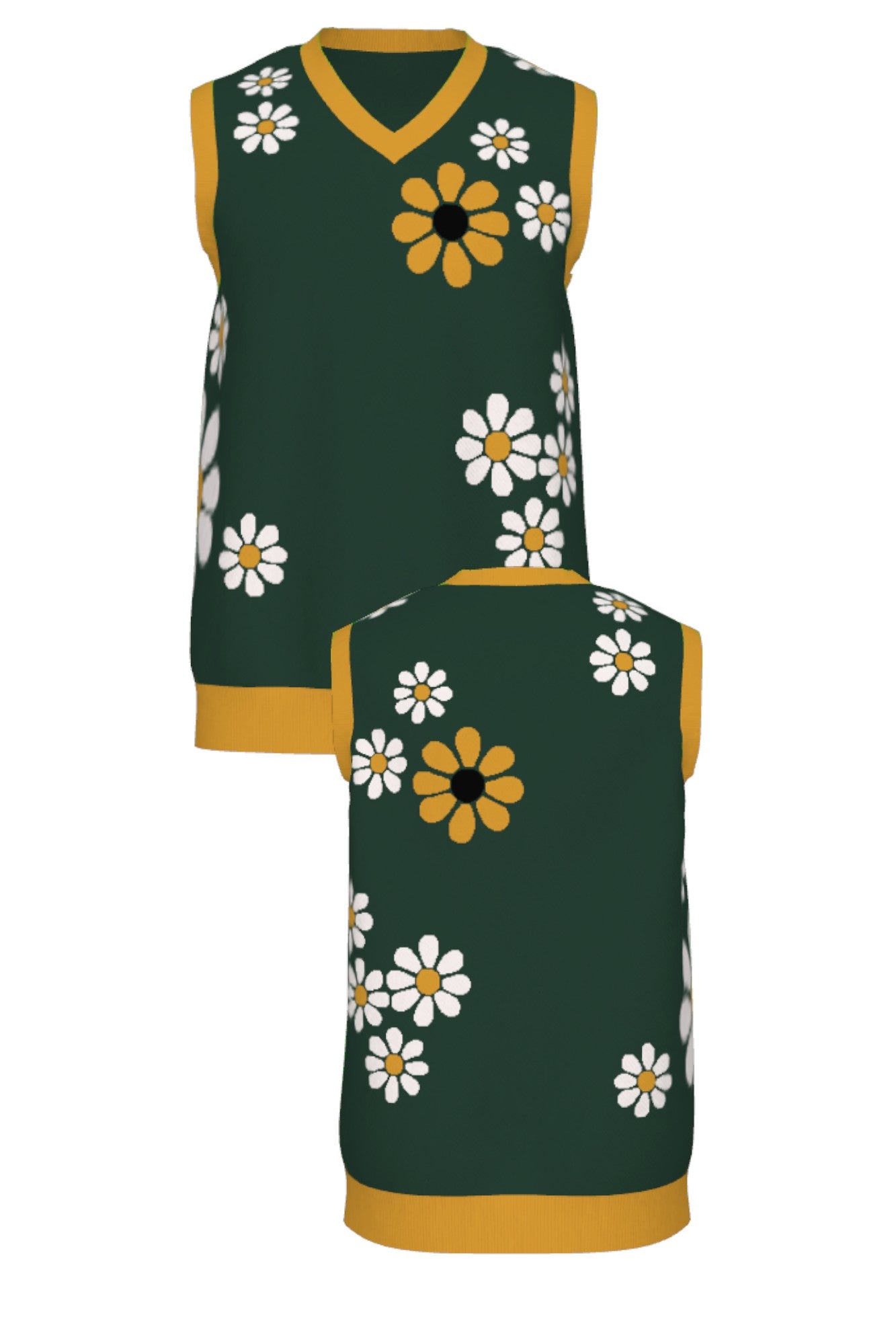 field of daisies classic v neck vest knit sweater in pine green with yellow daisy pattern front and back view by soundoff