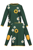 field of daisies women's knit sweater in pine green with yellow daisy pattern front and back view by soundoff
