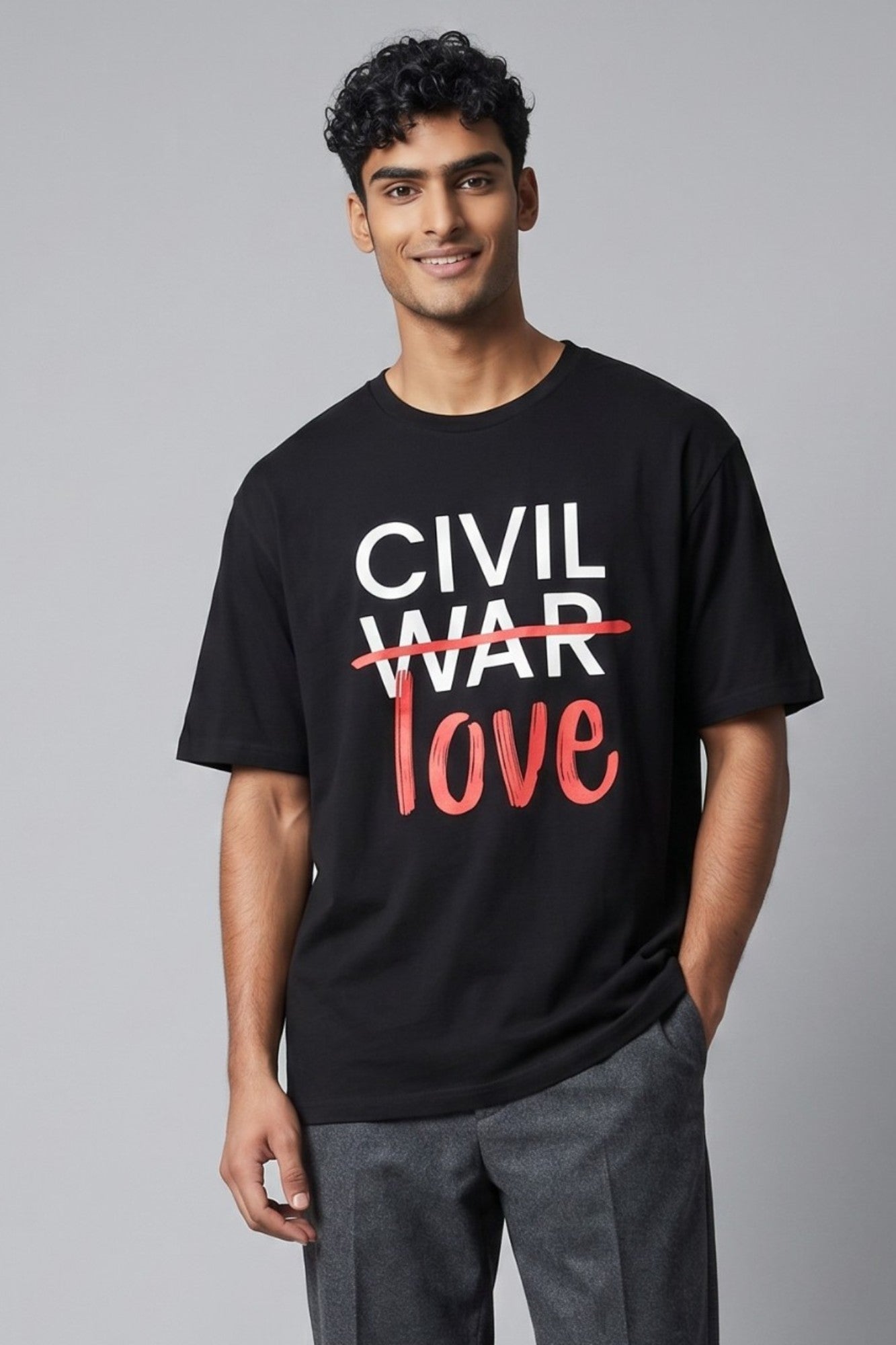 On-body traditional fit view of the black Civil War Flip The Script Graphic Tee, showcasing the premium 100% cotton drape, crew neck, and coverstitched sleeve details.