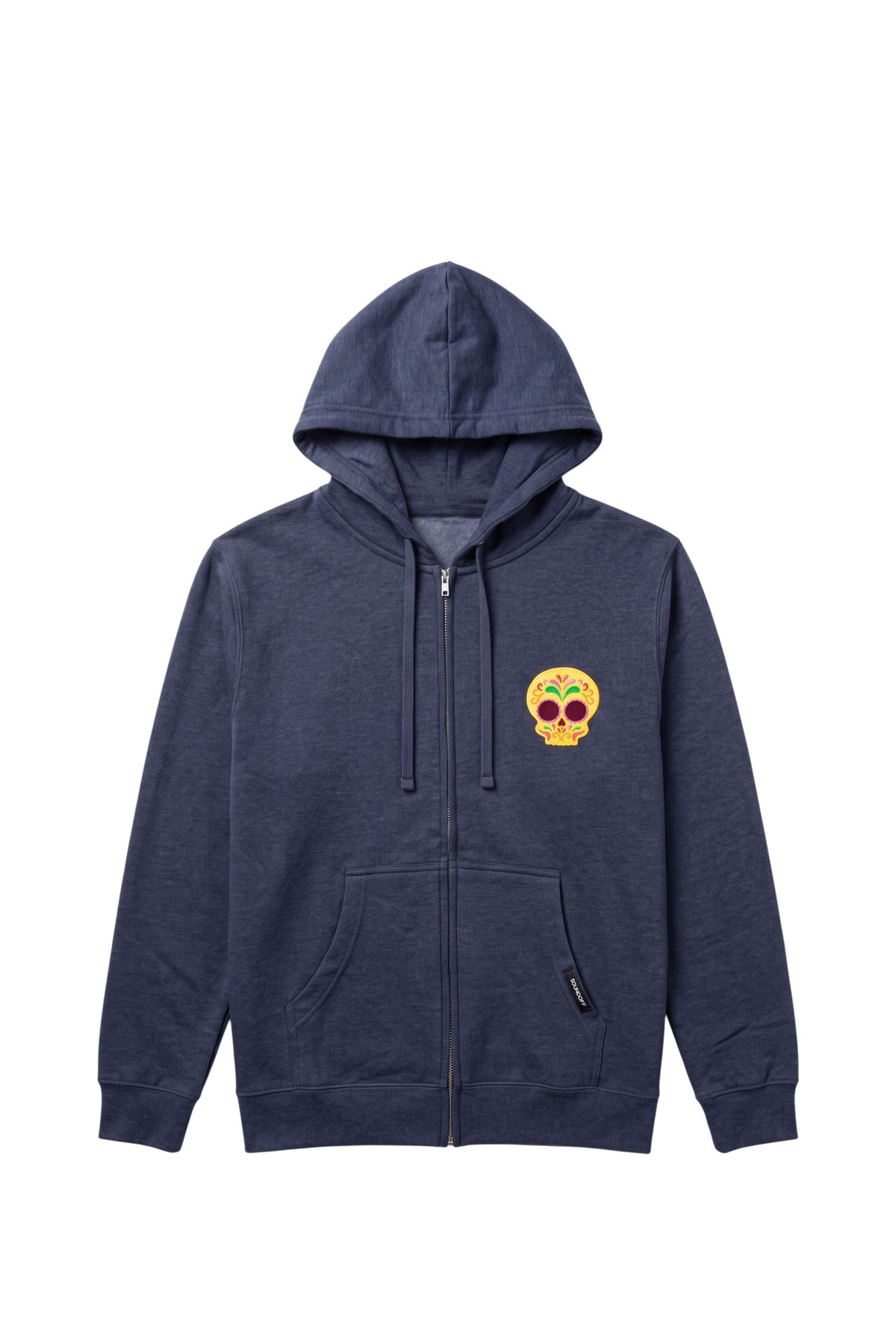 Front view of a navy heather zip-front hoodie featuring an intricately detailed goldenrod-colored 3.25-inch embroidered Mexican Sugar Skull patch on the left chest and split kangaroo pockets.
