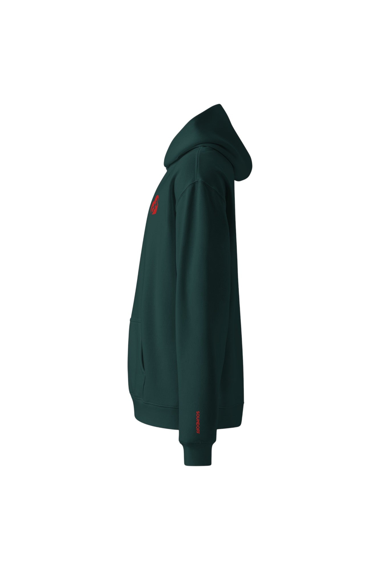 soundoff designed heart of chicago relaxed hooded pullover left sleeve in pine green with embroidered red soundoff on left sleeve above cuff