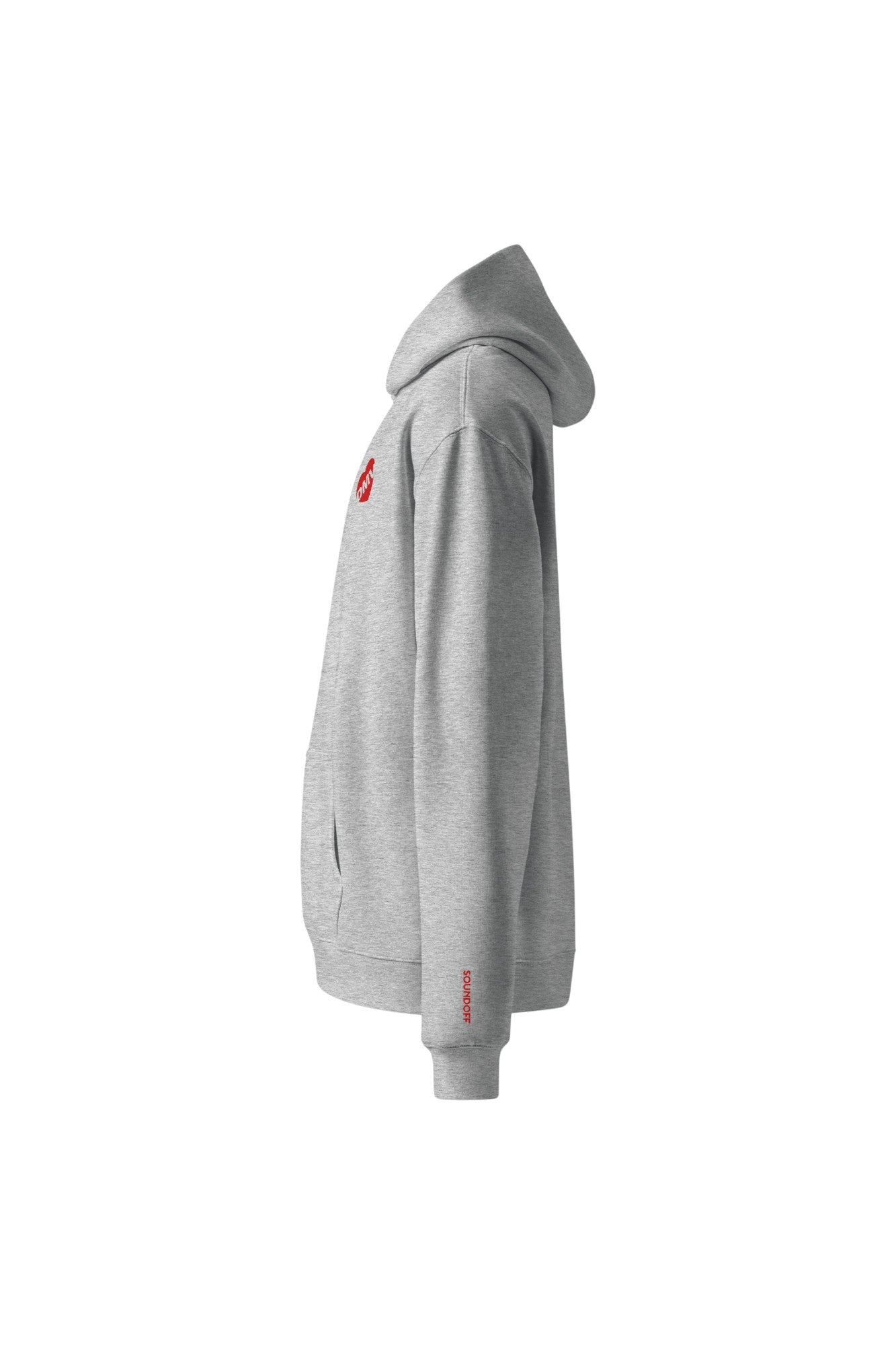 soundoff designed heart of the dmv relaxed hooded pullover left side in athletic heather grey with embroidered red dmv heart on left sleeve above cuff