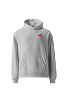 soundoff designed heart of la relaxed hooded pullover front in athletic heather grey with embroidered red la heart on front