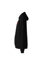 soundoff designed heart of la relaxed hooded pullover left side in black with embroidered red soundoff on left sleeve above cuff