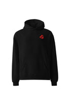 soundoff designed heart of nyc relaxed hooded pullover front in black grey with embroidered red nyc heart on front