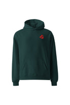 soundoff designed heart of nyc relaxed hooded pullover front in pine green with embroidered red nyc heart on front