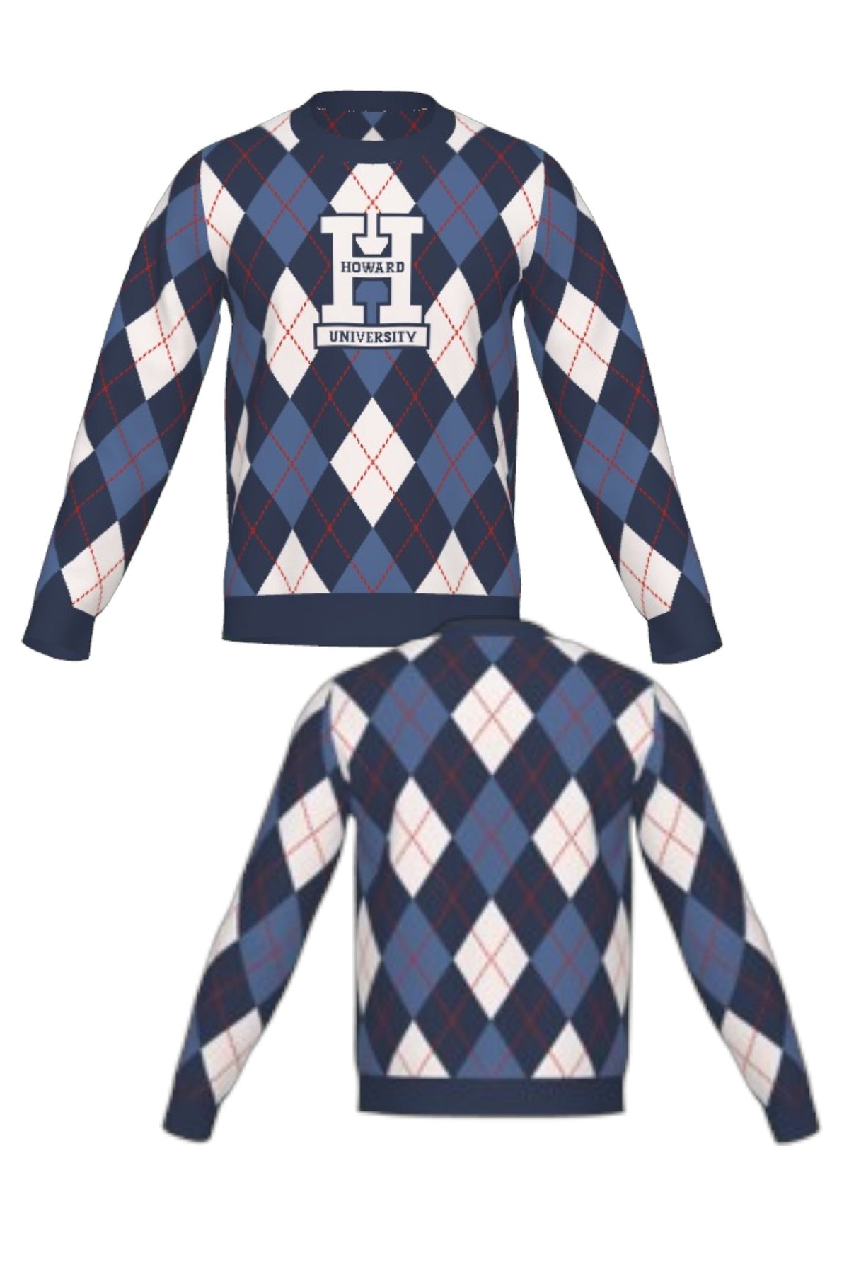 Howard University Argyle Knit crew neck Sweater by SOUNDOFF, featuring a navy, denim and white argyle pattern with red accent stripes, navy trim, and a white knitted Block H with HOWARD and UNIVERSITY in navy on the front - FRONT and BACK