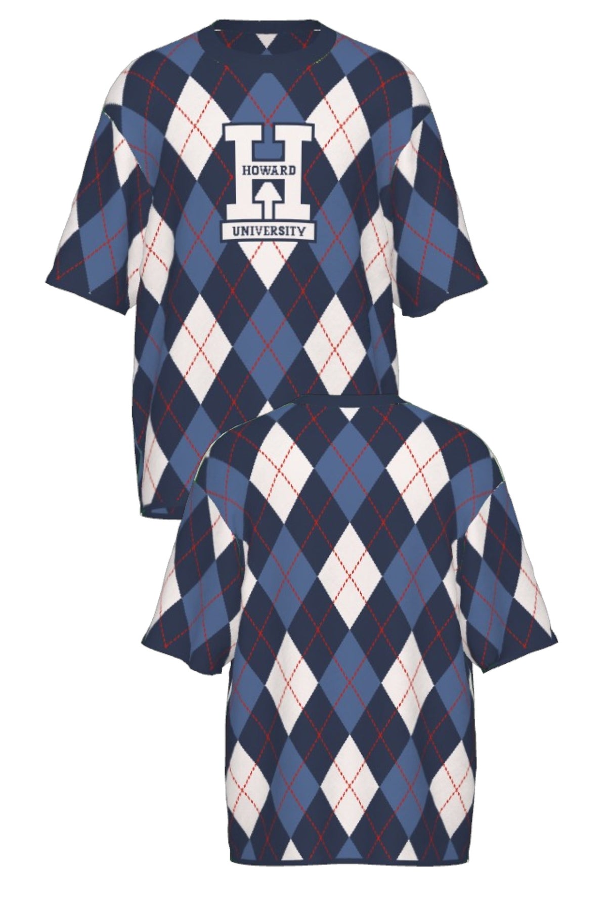 Howard University Argyle Knit short sleeve Sweater by SOUNDOFF, featuring a navy, denim and white argyle pattern with red accent stripes, navy trim, and a white knitted Block H with HOWARD and UNIVERSITY in navy on the front - FRONT and BACK