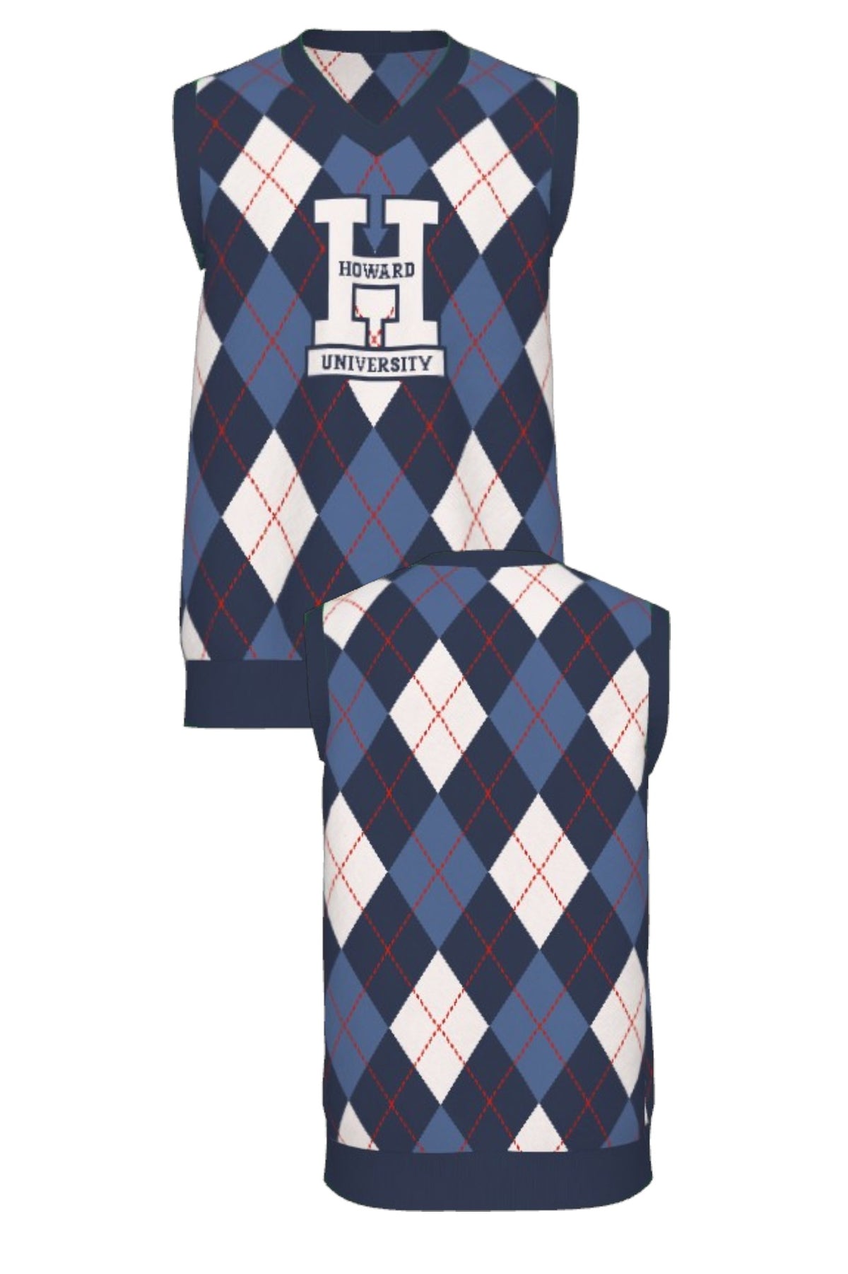 Howard University Argyle Knit v neck vest Sweater by SOUNDOFF, featuring a navy, denim and white argyle pattern with red accent stripes, navy trim, and a white knitted Block H with HOWARD and UNIVERSITY in navy on the front - FRONT and BACK