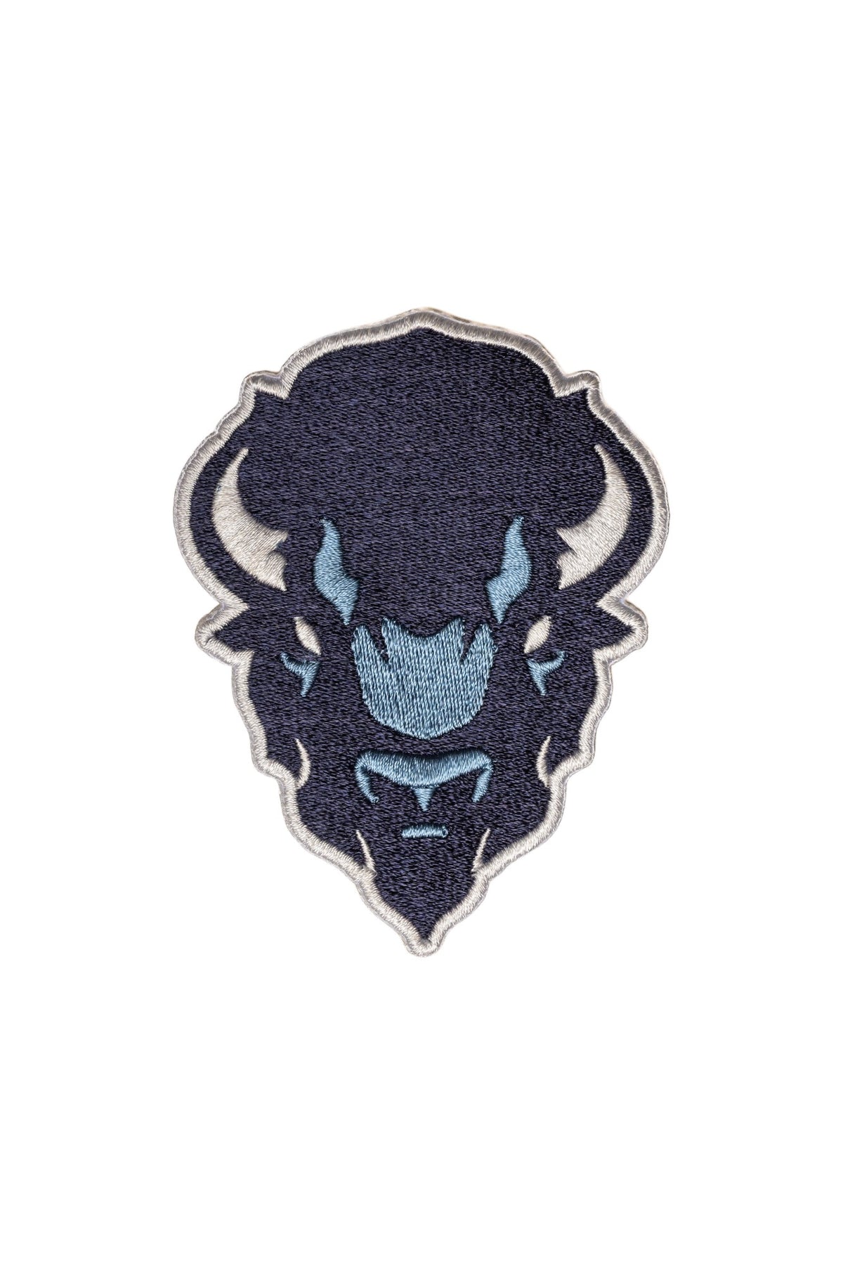 Howard University Big Blue Bison Mascot Head embroidered Crest patch by SOUNDOFF, featuring the Bison head in navy, denim and white, 3.3 inches wide x 2.7 inches tall, front view.