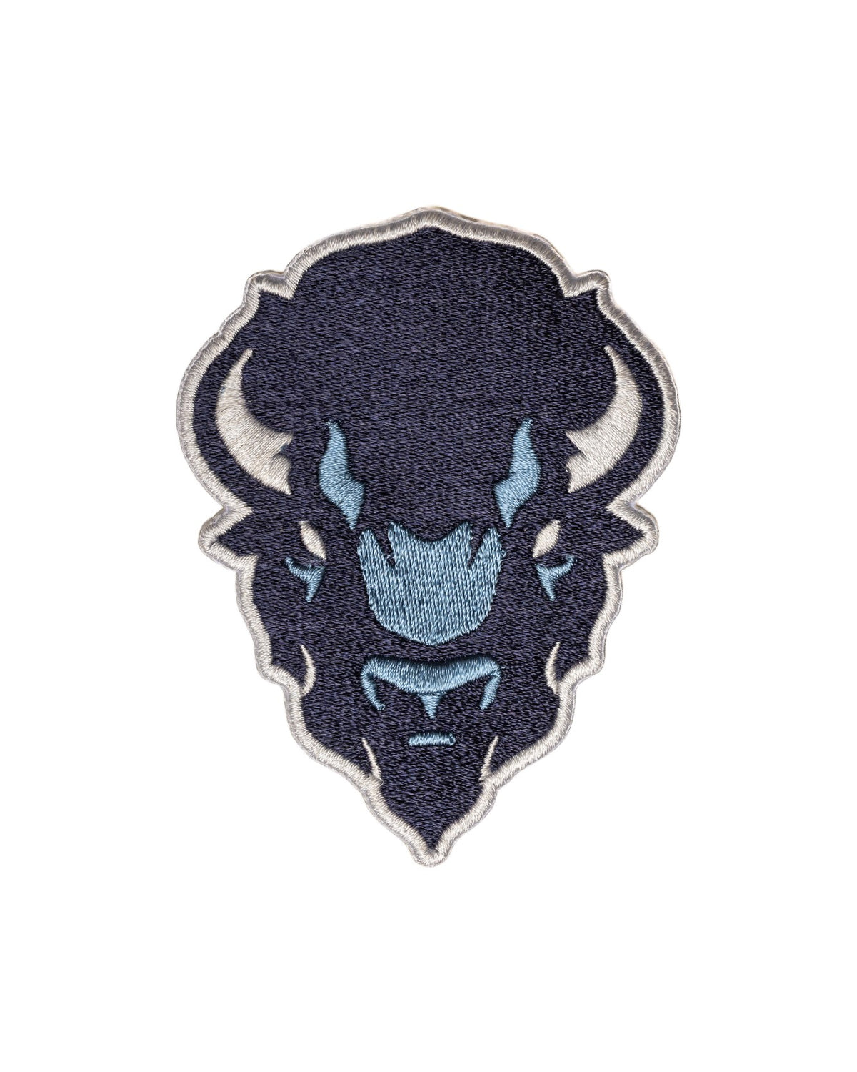 Howard University Big Blue Bison Mascot Head embroidered Varsity patch by SOUNDOFF, featuring the Bison head in navy, denim and white, 5.0 inches wide x 6.5 inches tall, front view.