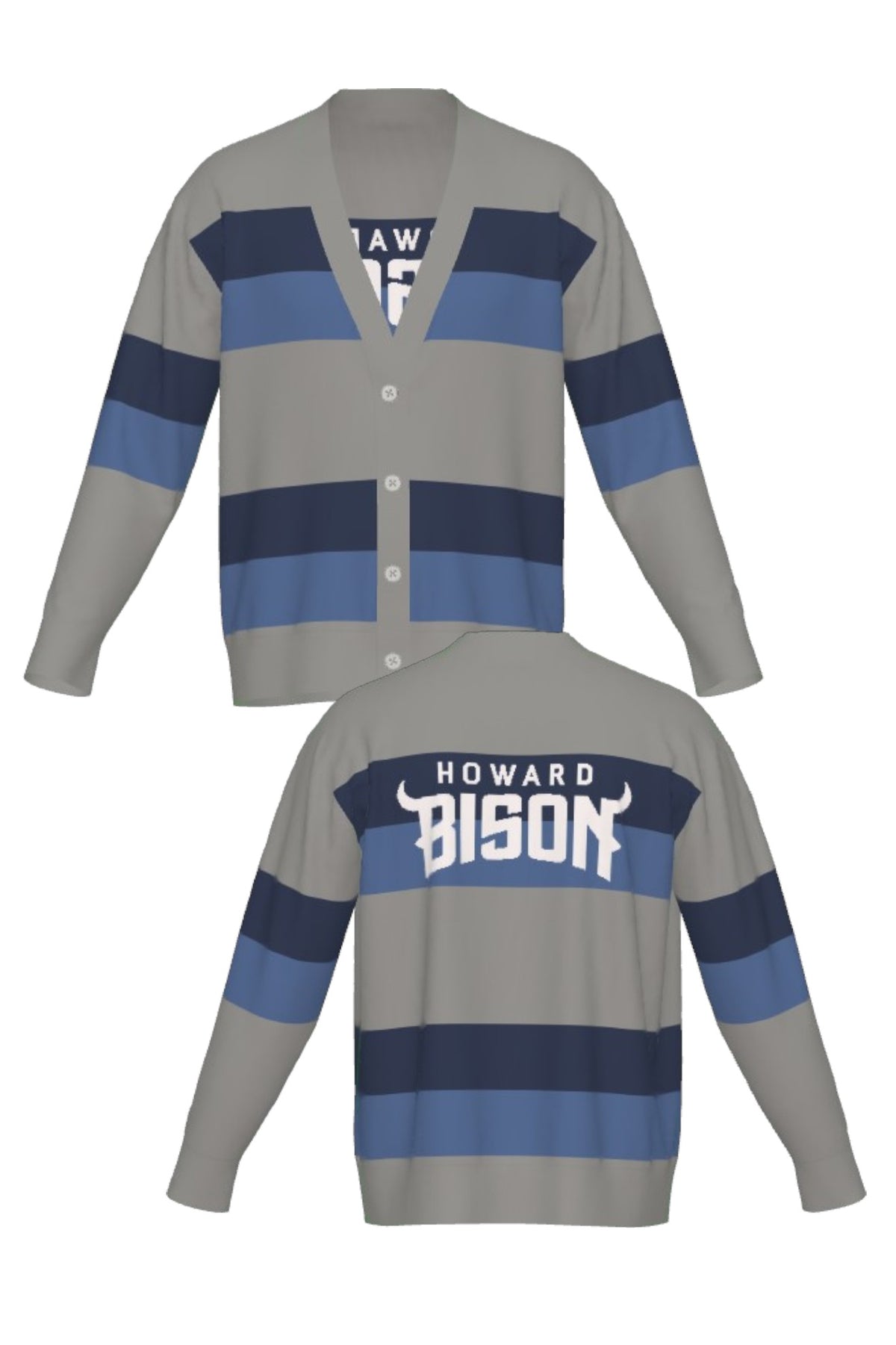Howard University Broad Stripe Rugby Cardigan Knit Sweater by SOUNDOFF, featuring a grey knit with broad navy and denim rugby stripes, grey trim, and white HOWARD BISON lettering with an arched BISON design and horn details. FRONT and Back